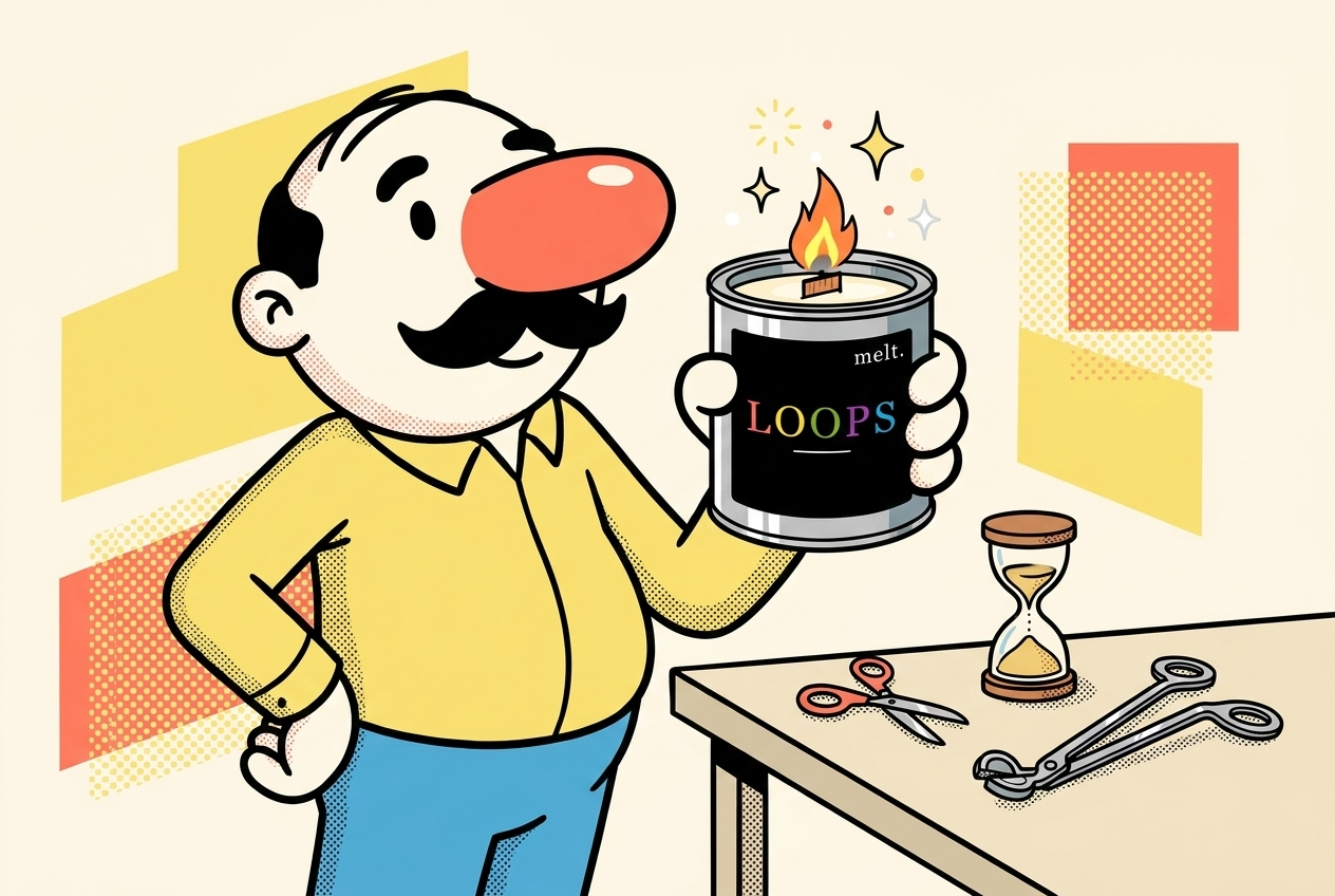 cartoon of wick trimming tools and an hourglass beside a lit melt. candle, showing how to make a candle last longer