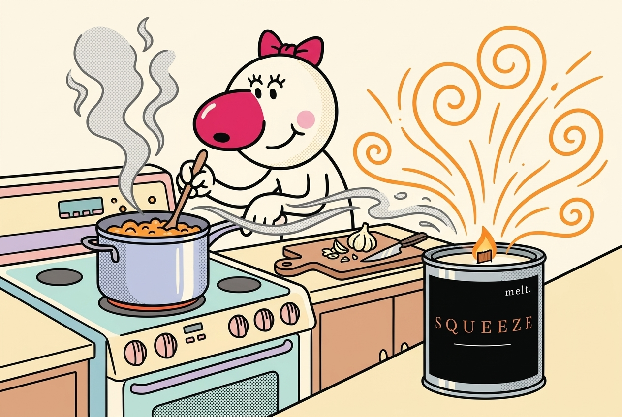 cartoon of a mascot cooking while a melt. kitchen candle's citrus swirls push away cooking smells
