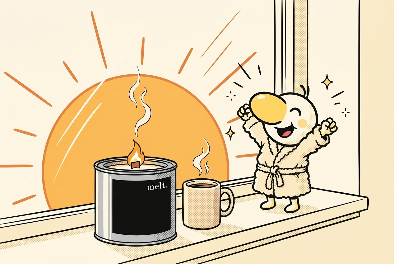 cartoon mascot in a bathrobe stretching at sunrise beside a lit melt. morning candle and coffee mug