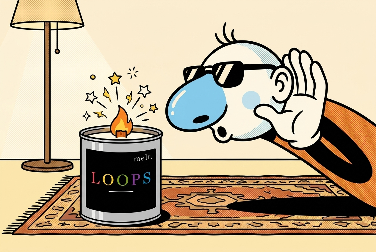cartoon mascot listening to the crackling wooden wick flame of a lit melt. candle
