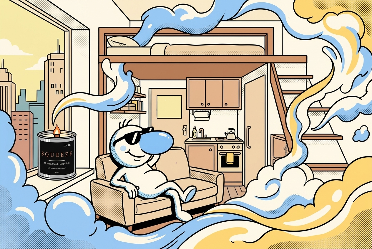 cartoon of a tiny studio apartment gently filled by one lit melt. candle on the windowsill