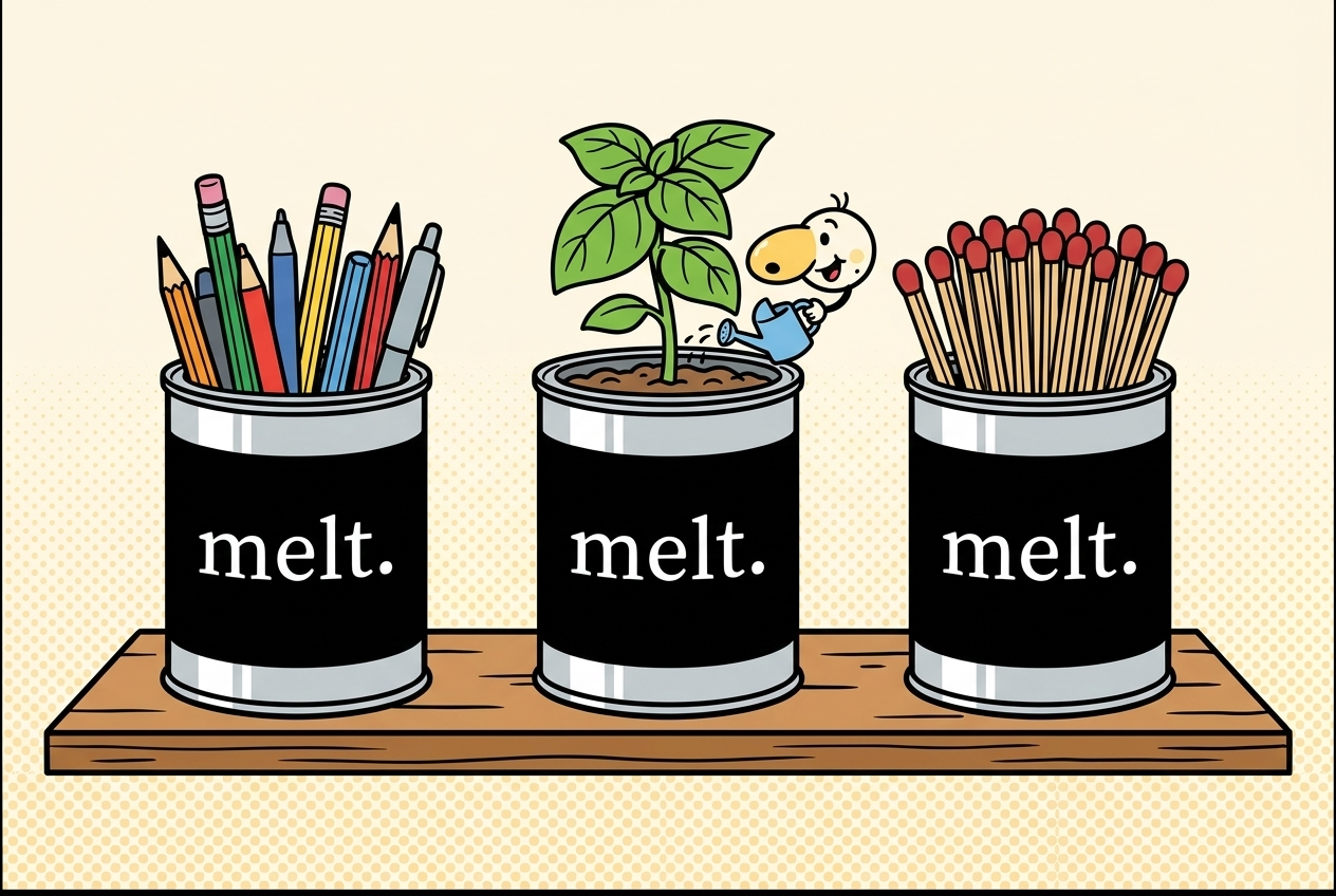 cartoon of empty melt. candle tins reused as a pen cup, herb planter, and match holder