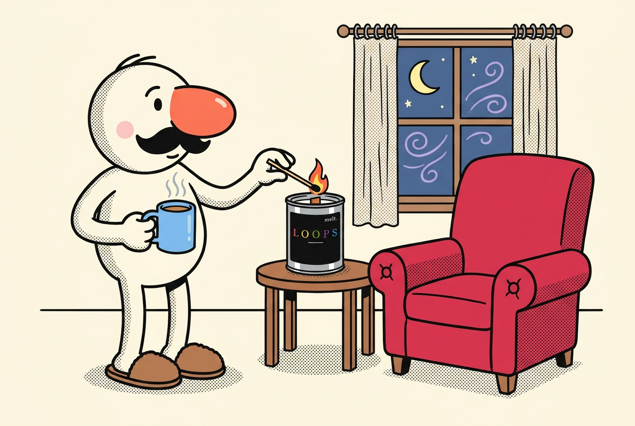 cartoon mascot in slippers with tea lighting a melt. candle for an evening wind-down ritual under the moon
