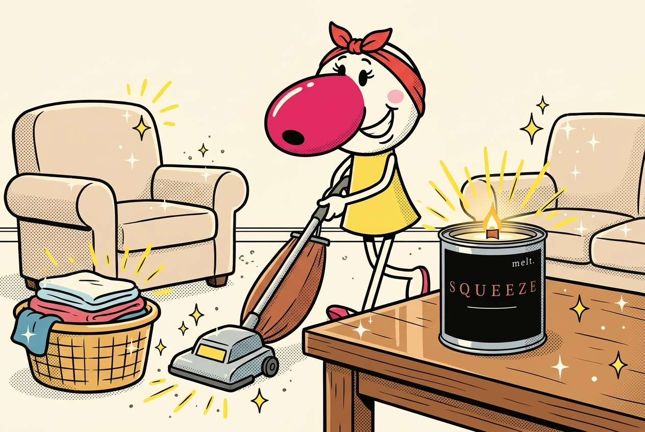 cartoon mascot finishing a sunday reset cleaning ritual with a lit melt. candle on the spotless coffee table