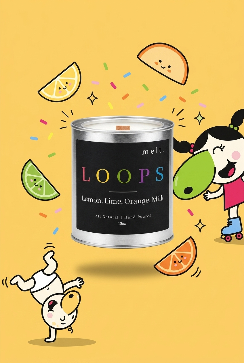melt. loops candle surrounded by cartoon melt. mascots and scent-note illustrations on a colorful background