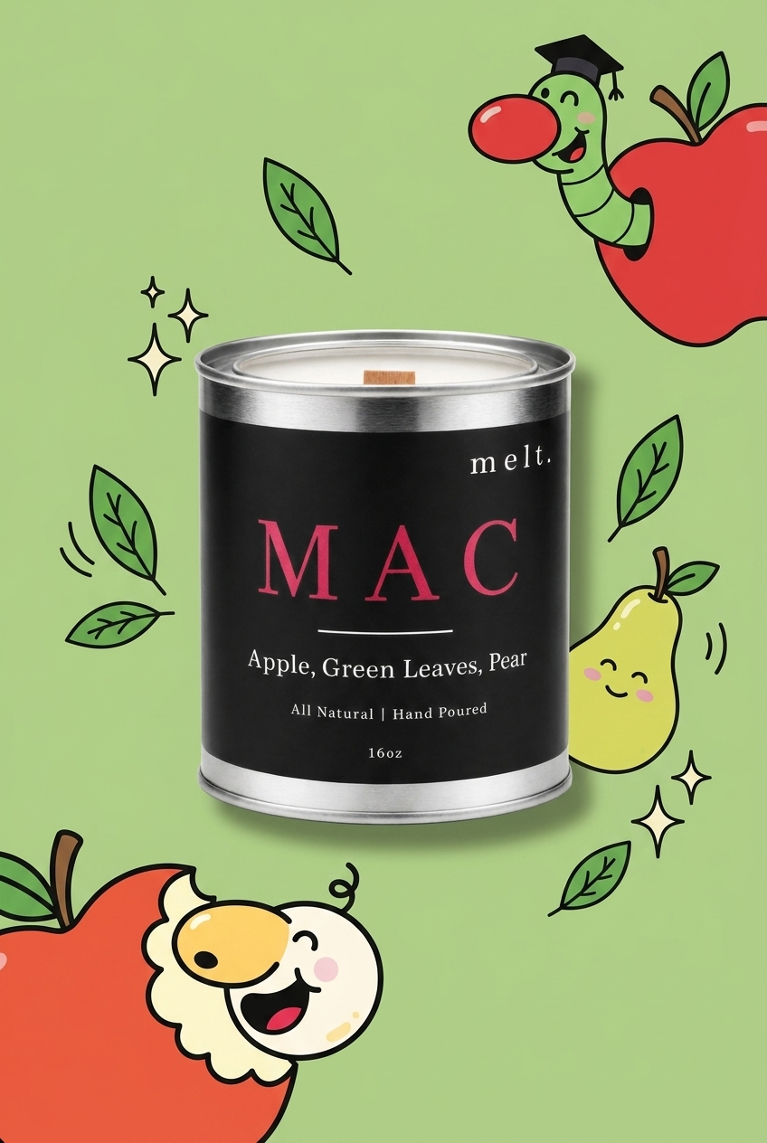 melt. mac candle surrounded by cartoon melt. mascots and scent-note illustrations on a colorful background