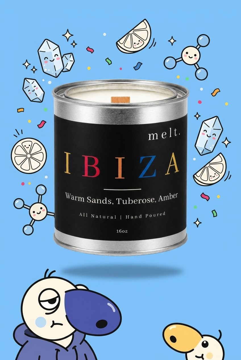 melt. ibiza candle surrounded by cartoon melt. mascots and scent-note illustrations on a colorful background