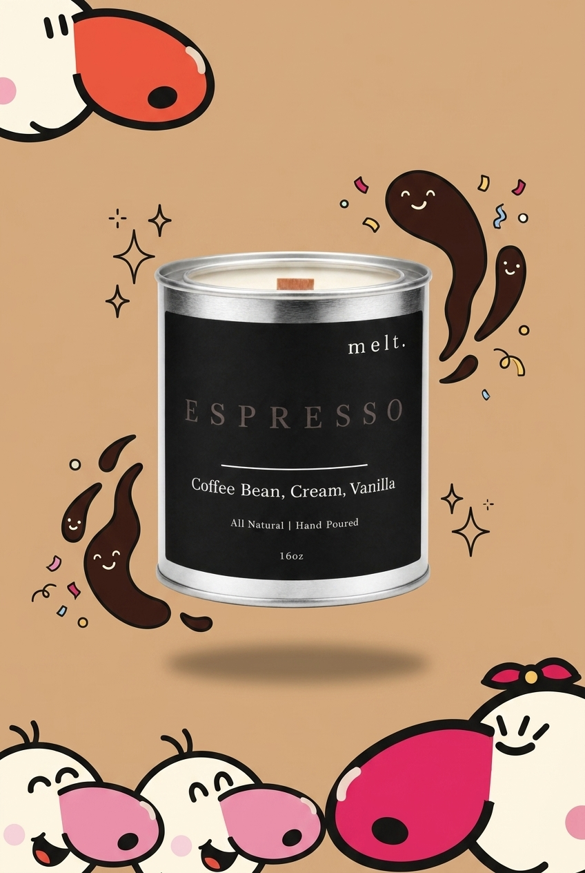 melt. espresso candle surrounded by cartoon melt. mascots and scent-note illustrations on a colorful background