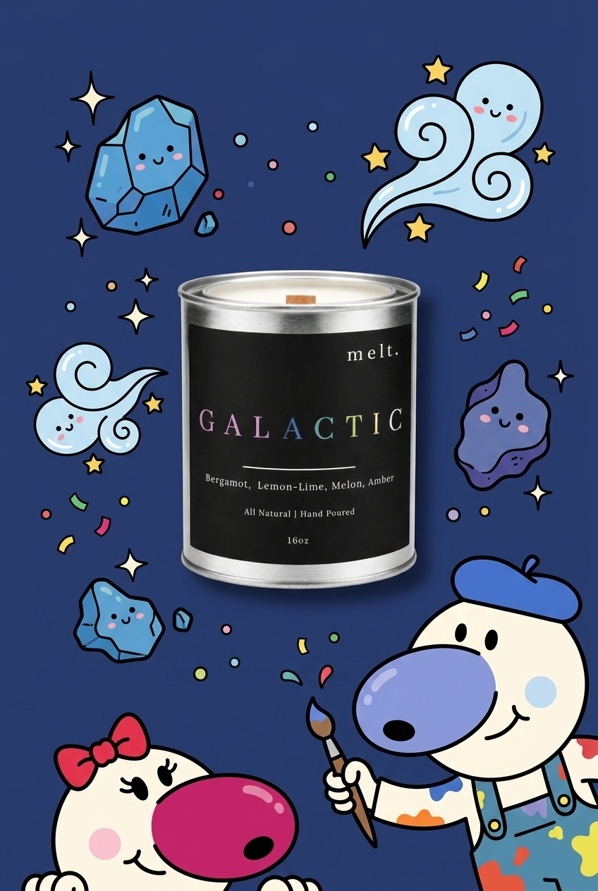 melt. galactic candle surrounded by cartoon melt. mascots and scent-note illustrations on a colorful background