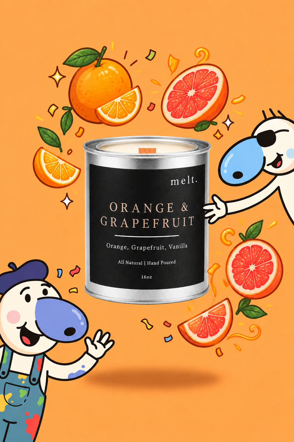 melt. kilimanjaro candle surrounded by cartoon melt. mascots and scent-note illustrations on a colorful background