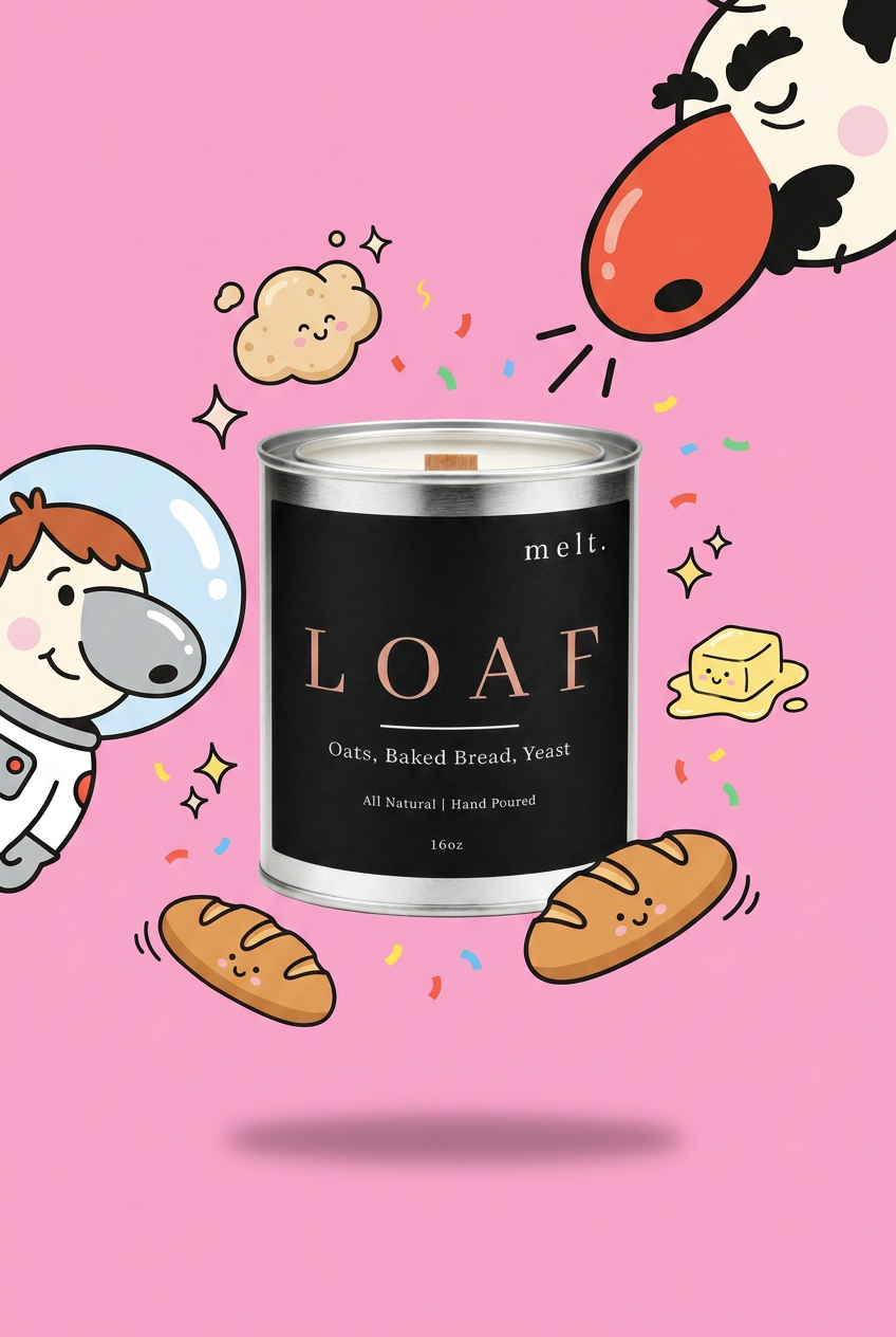 melt. loaf candle surrounded by cartoon melt. mascots and scent-note illustrations on a colorful background