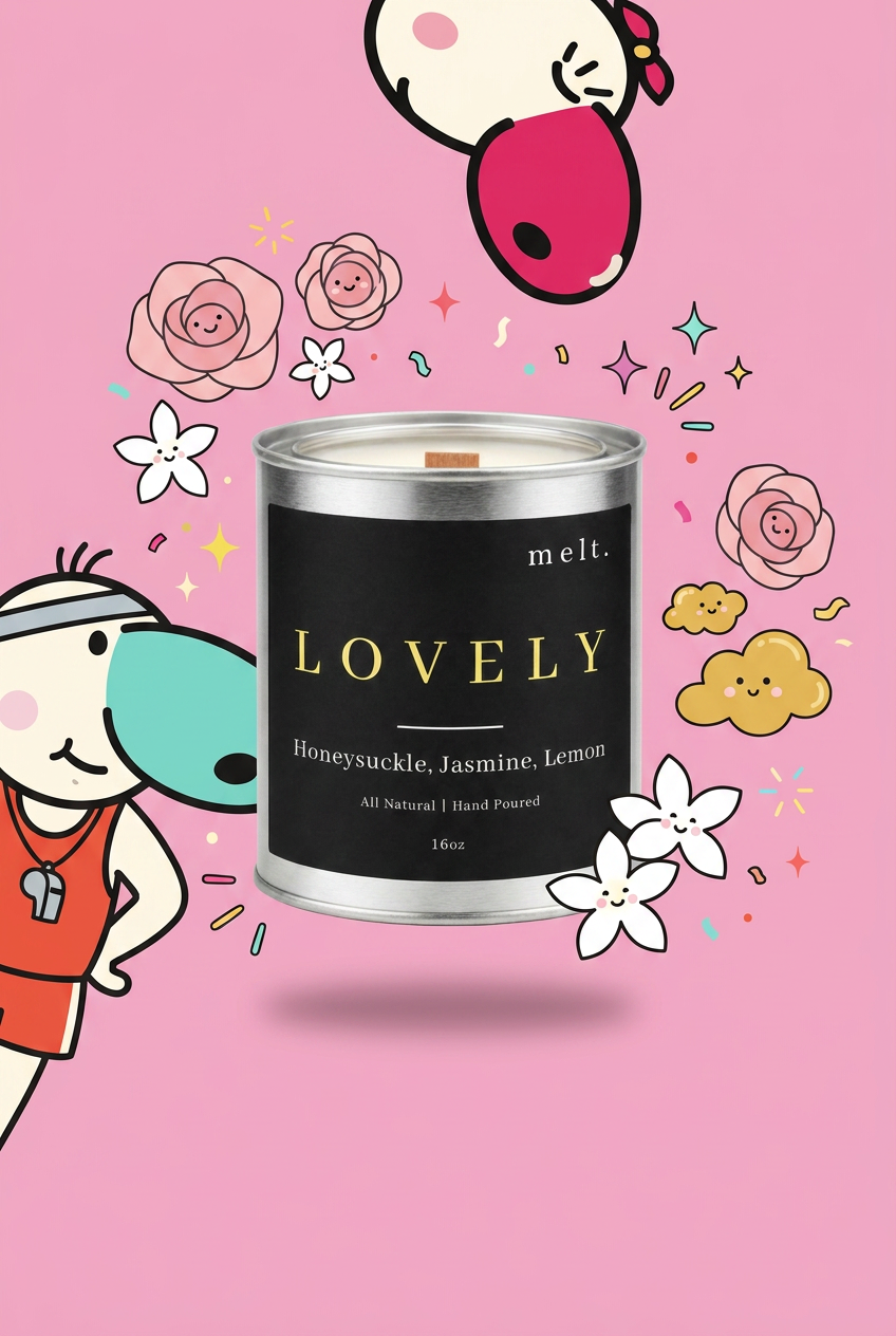 melt. lovely candle surrounded by cartoon melt. mascots and scent-note illustrations on a colorful background