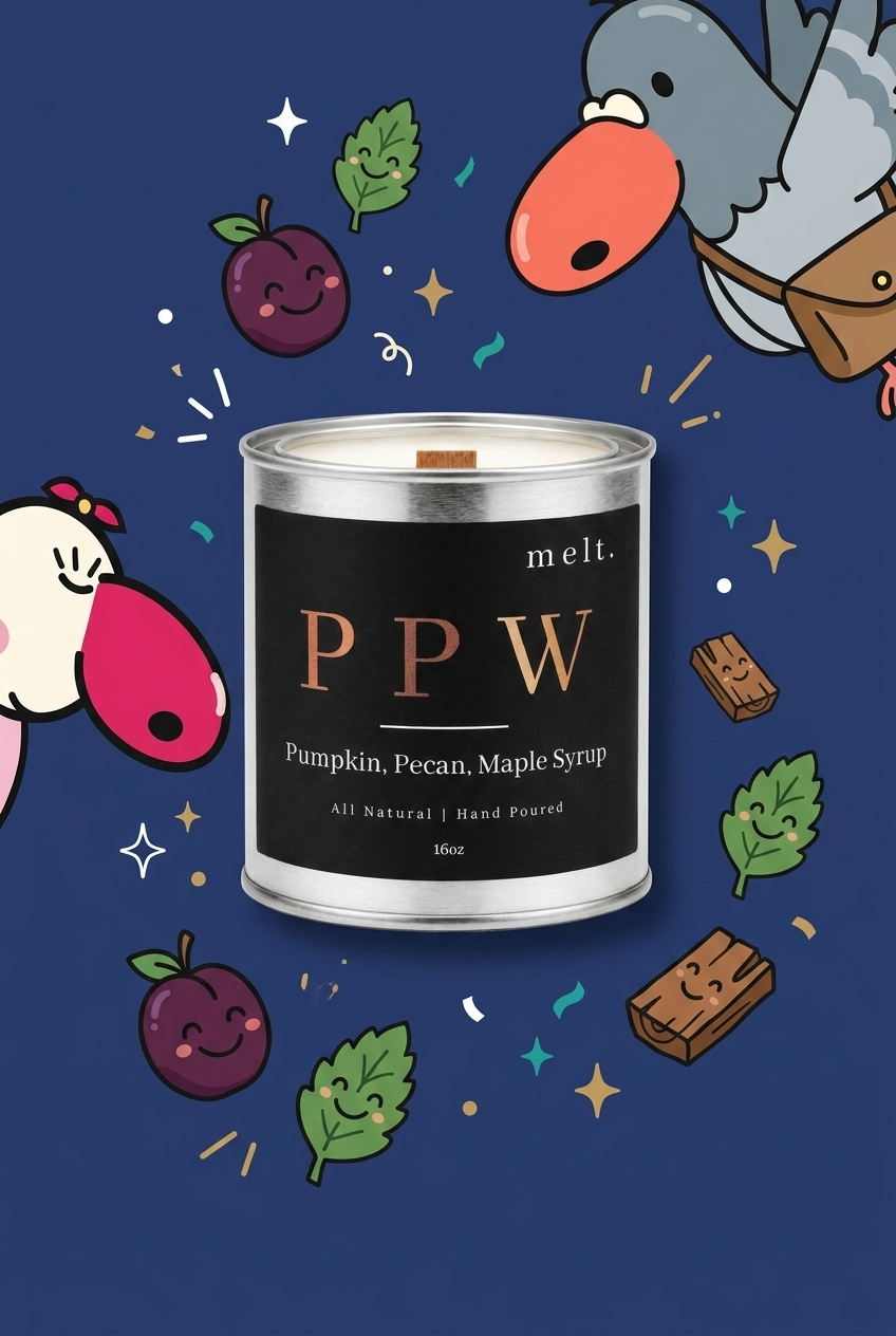 melt. ppw candle surrounded by cartoon melt. mascots and scent-note illustrations on a colorful background