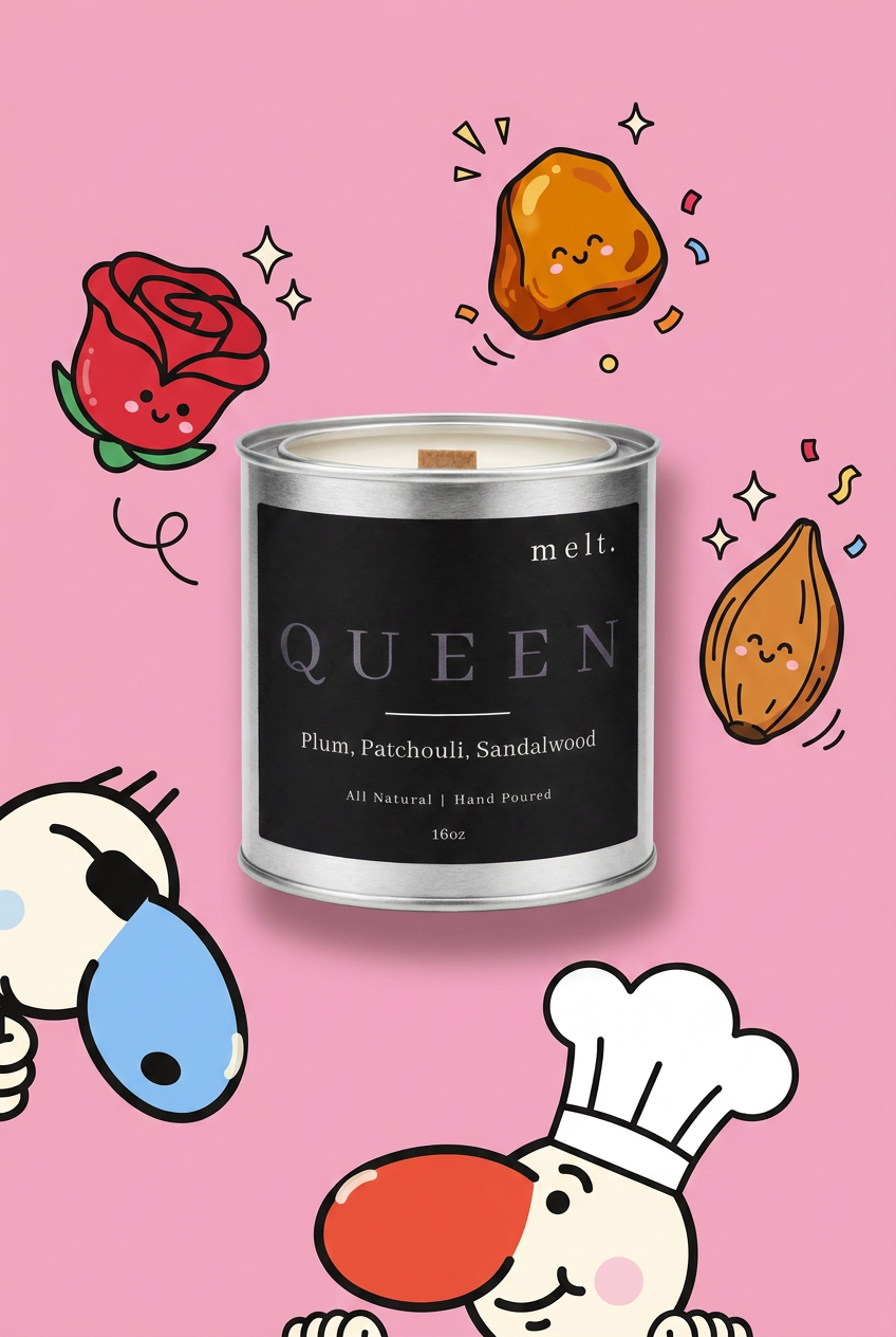 melt. queen candle surrounded by cartoon melt. mascots and scent-note illustrations on a colorful background