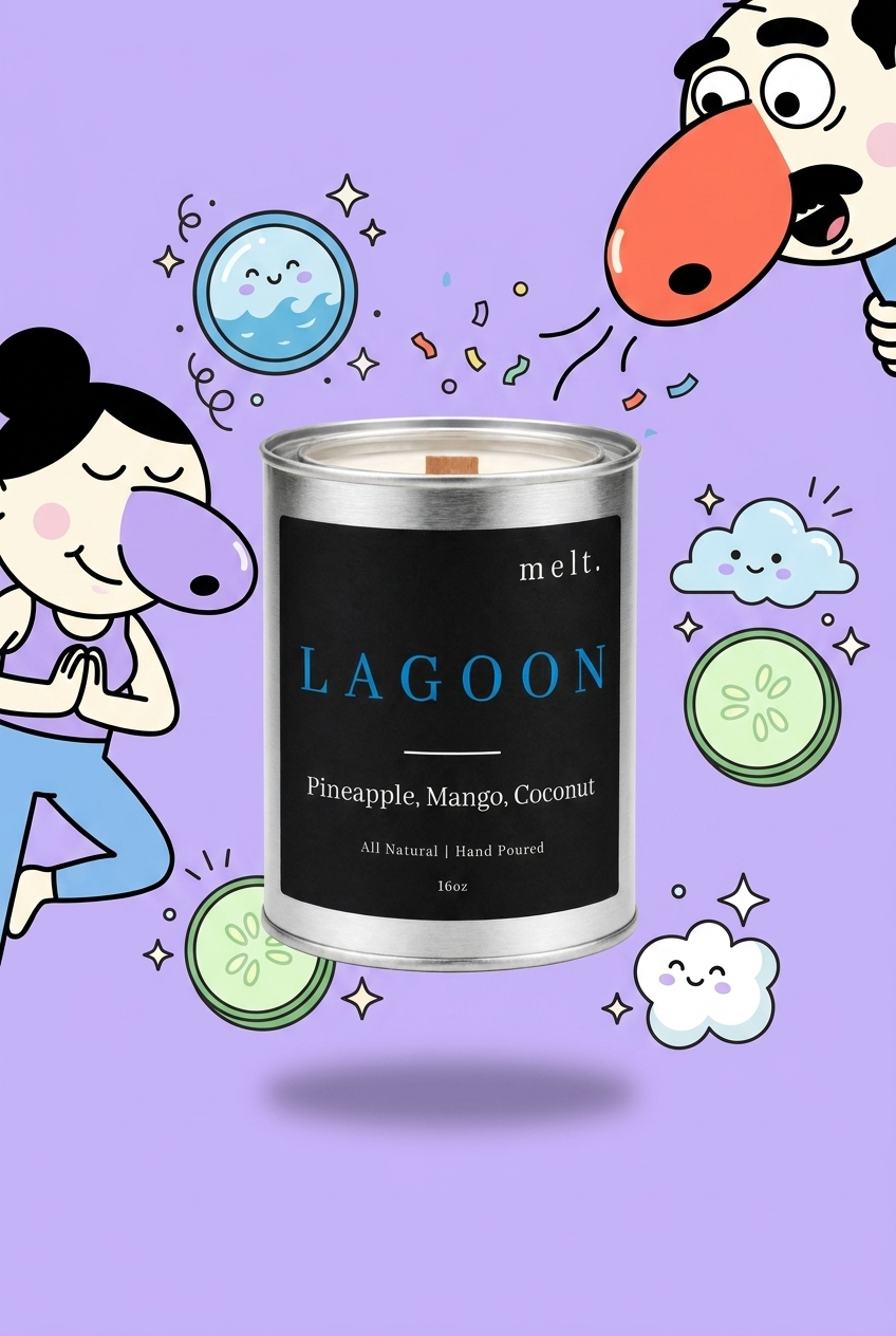 melt. lagoon candle surrounded by cartoon melt. mascots and scent-note illustrations on a colorful background