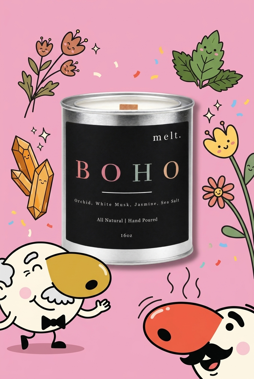 melt. boho candle surrounded by cartoon melt. mascots and scent-note illustrations on a colorful background