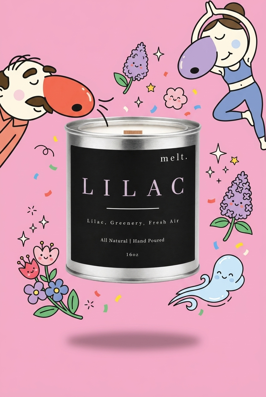 melt. lilac candle surrounded by cartoon melt. mascots and scent-note illustrations on a colorful background