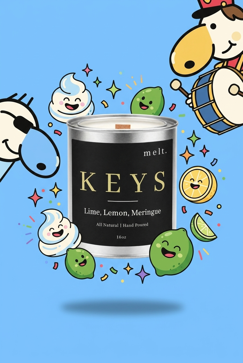 melt. keys candle surrounded by cartoon melt. mascots and scent-note illustrations on a colorful background