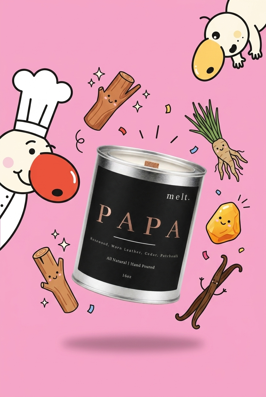 melt. papa candle surrounded by cartoon melt. mascots and scent-note illustrations on a colorful background