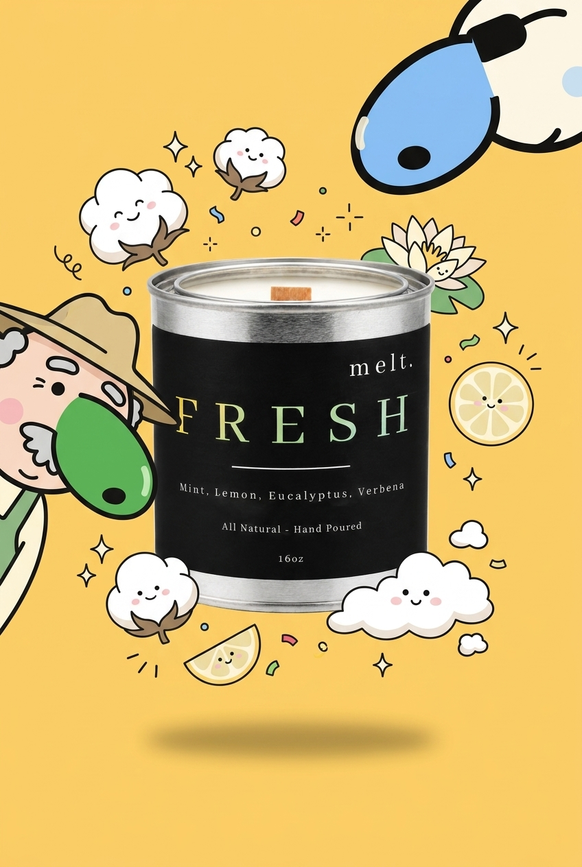melt. fresh candle surrounded by cartoon melt. mascots and scent-note illustrations on a colorful background