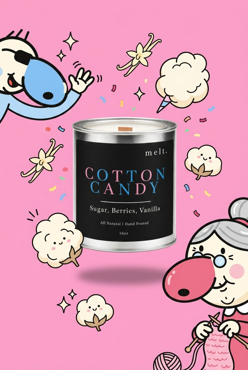 melt. cotton candy candle surrounded by cartoon melt. mascots and scent-note illustrations on a colorful background
