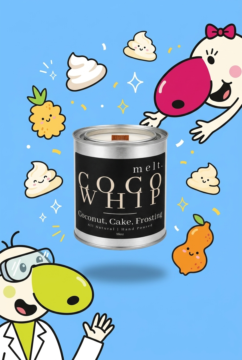 melt. coco whip candle surrounded by cartoon melt. mascots and scent-note illustrations on a colorful background