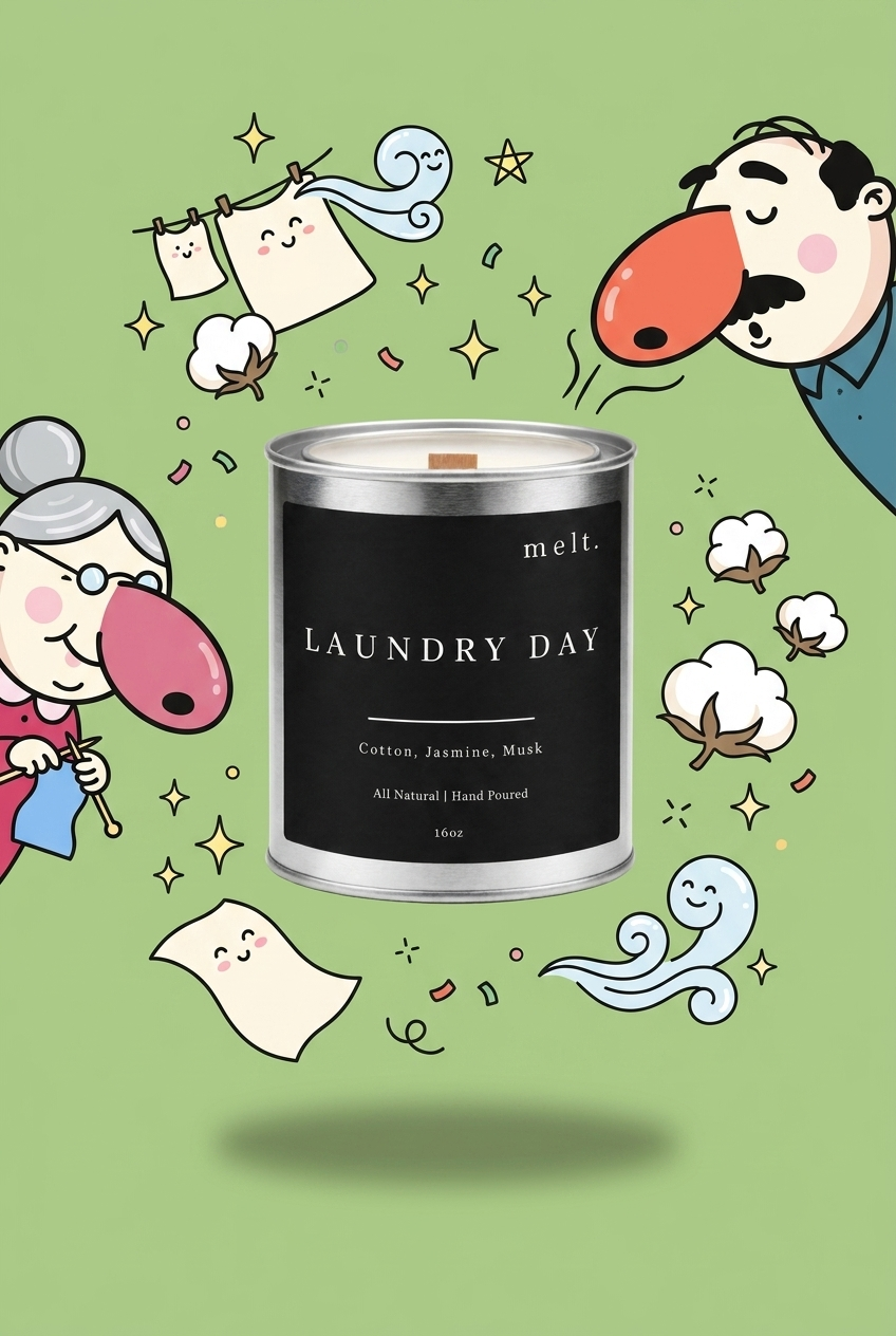 melt. laundry day candle surrounded by cartoon melt. mascots and scent-note illustrations on a colorful background