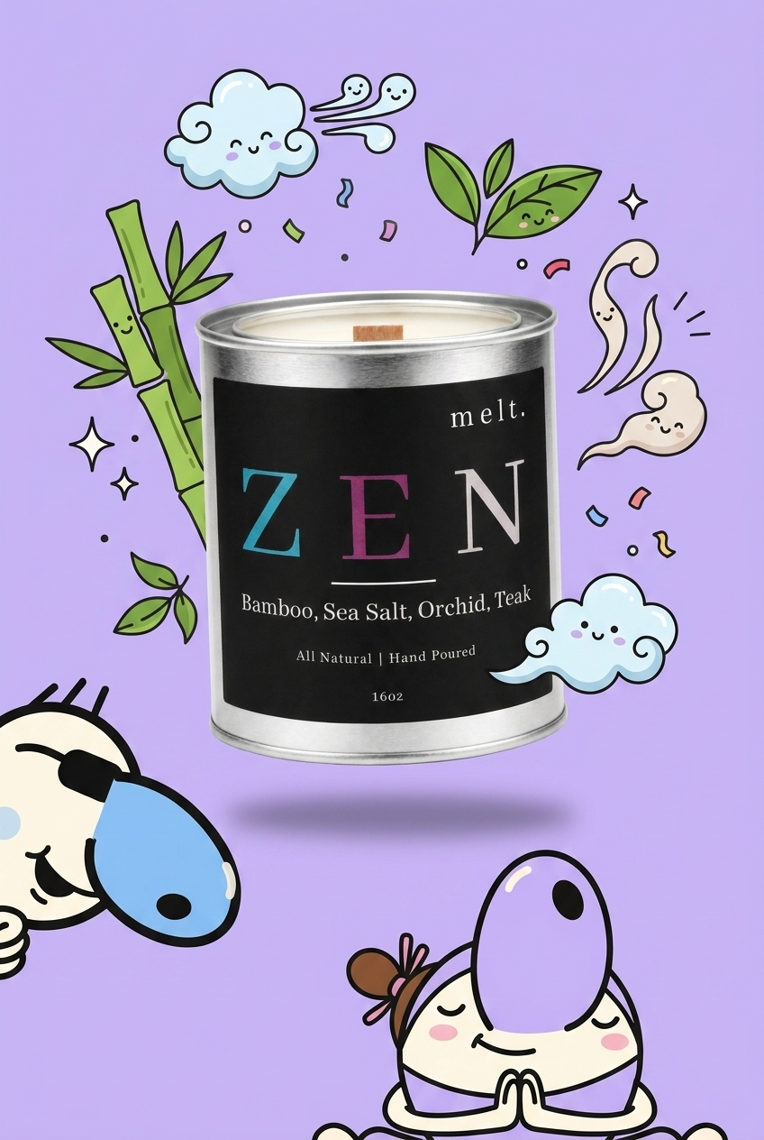 melt. zen candle surrounded by cartoon melt. mascots and scent-note illustrations on a colorful background