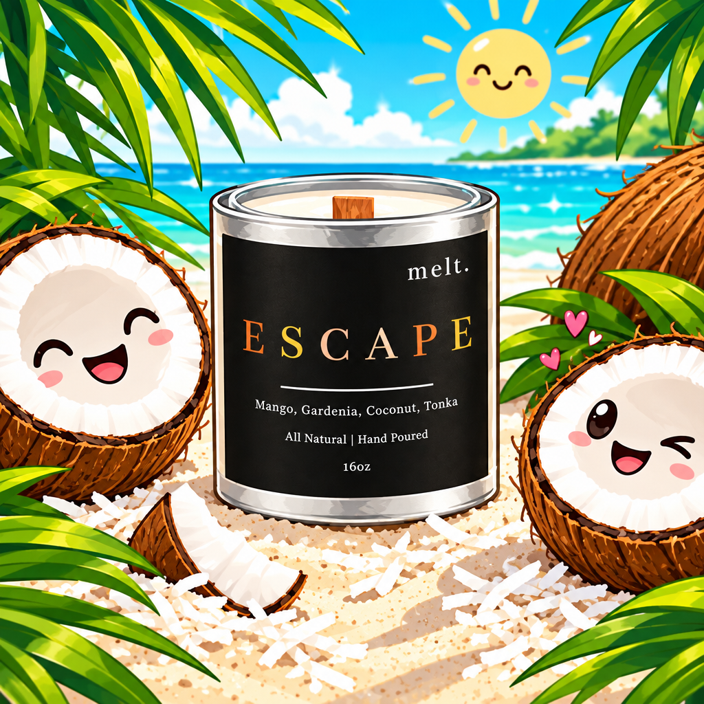 melt. escape candle surrounded by cartoon melt. mascots and scent-note illustrations on a colorful background