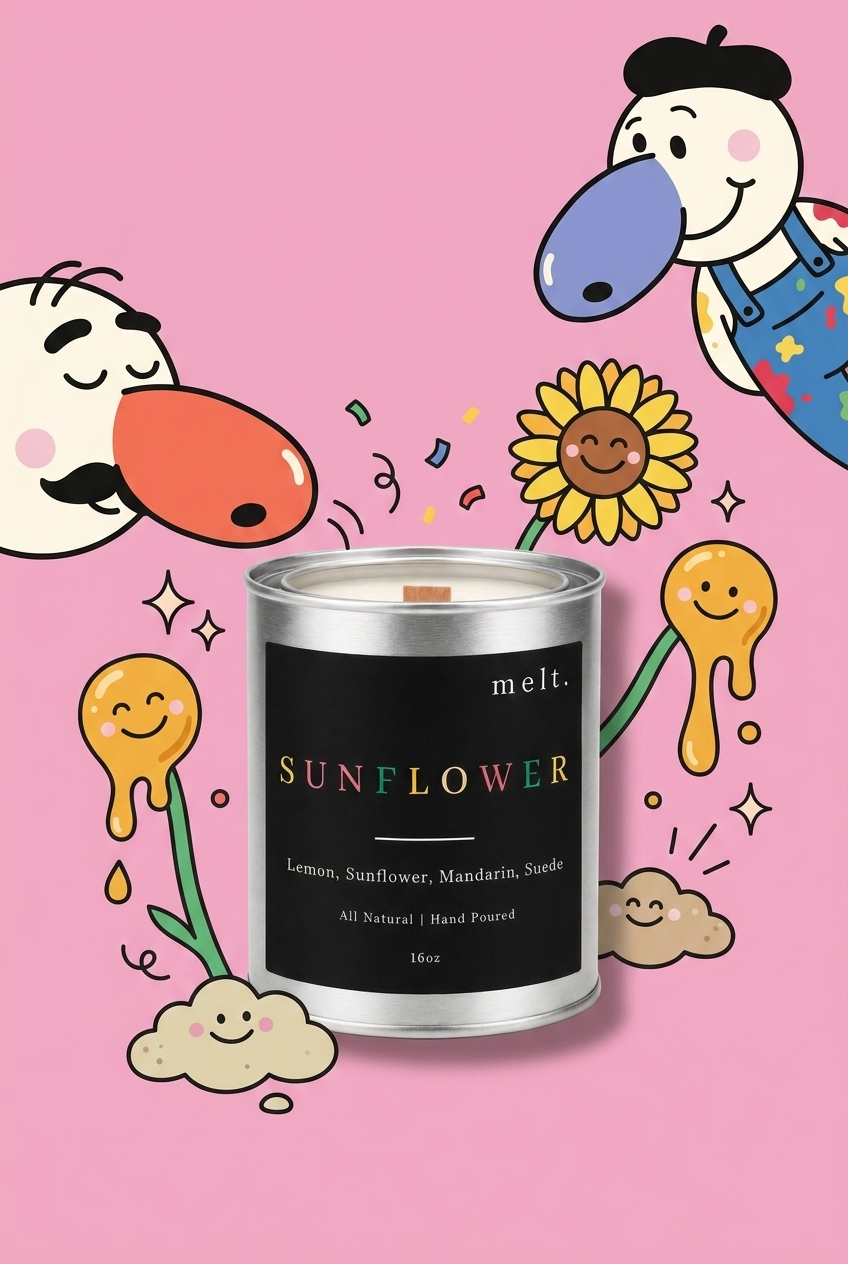 melt. sunflower candle surrounded by cartoon melt. mascots and scent-note illustrations on a colorful background