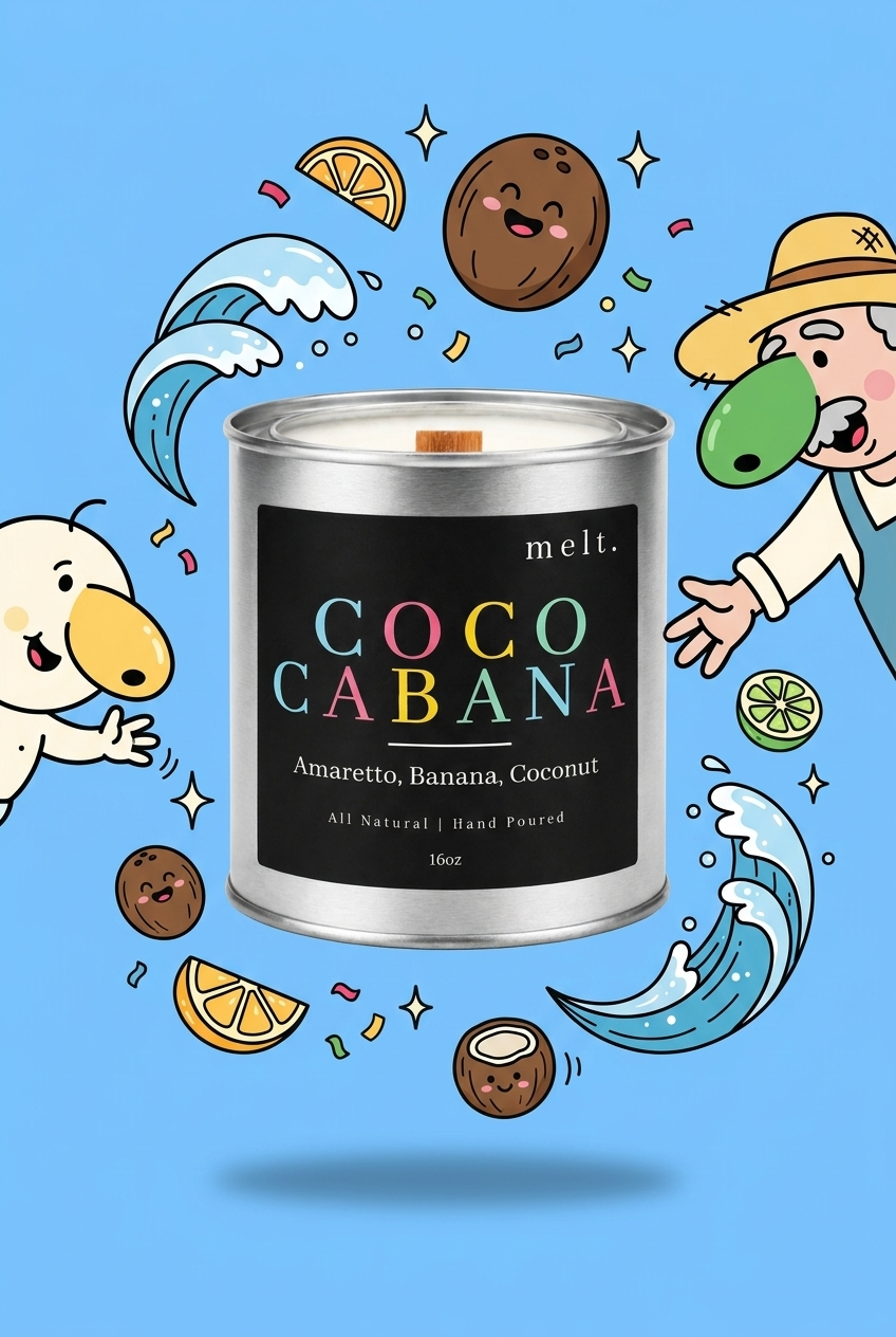 melt. coco cabana candle surrounded by cartoon melt. mascots and scent-note illustrations on a colorful background