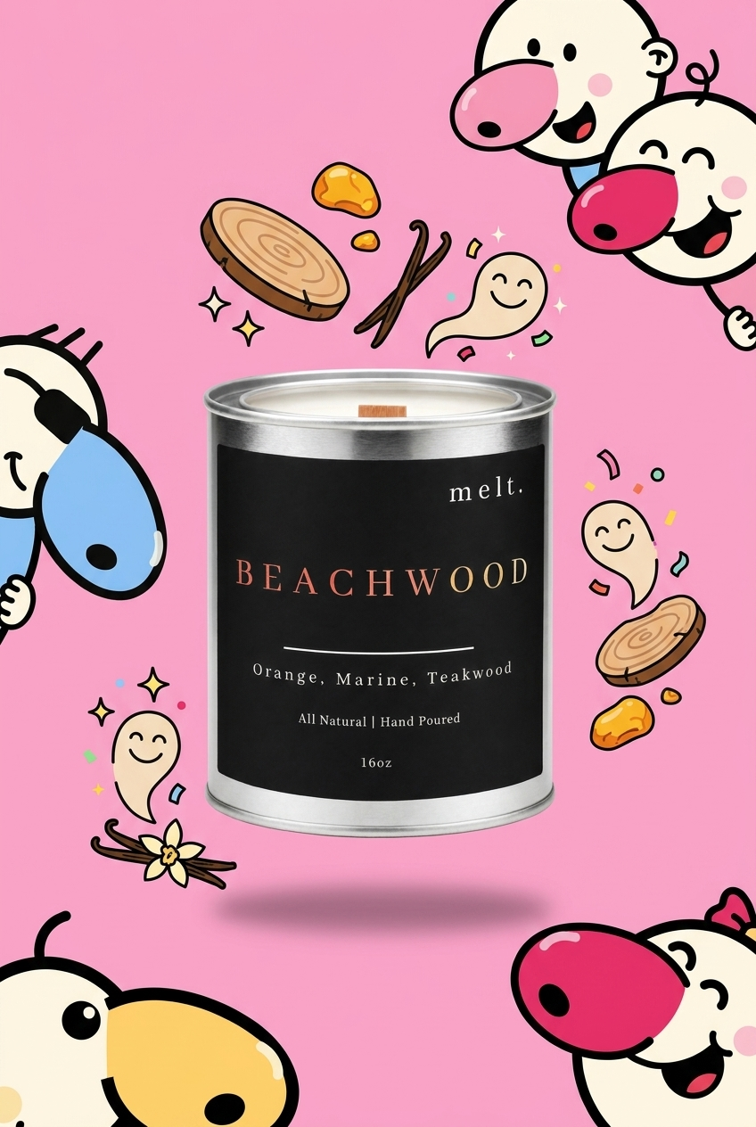melt. beechwood candle surrounded by cartoon melt. mascots and scent-note illustrations on a colorful background