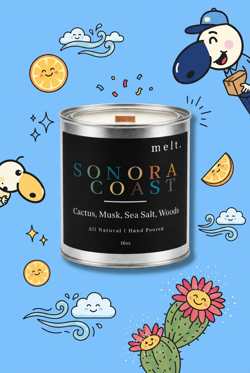 melt. sonoran coast candle surrounded by cartoon melt. mascots and scent-note illustrations on a colorful background
