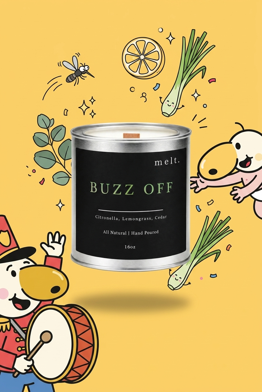 melt. buzz off candle surrounded by cartoon melt. mascots and scent-note illustrations on a colorful background