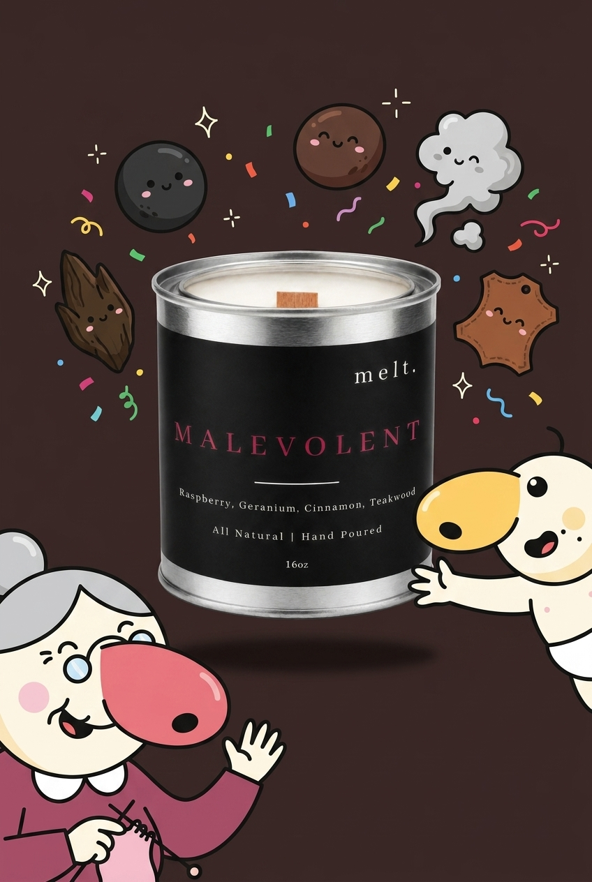 melt. malevolent candle surrounded by cartoon melt. mascots and scent-note illustrations on a colorful background