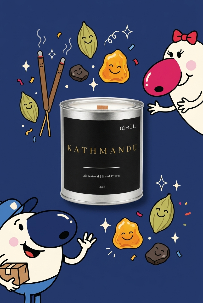 melt. kathmandu candle surrounded by cartoon melt. mascots and scent-note illustrations on a colorful background