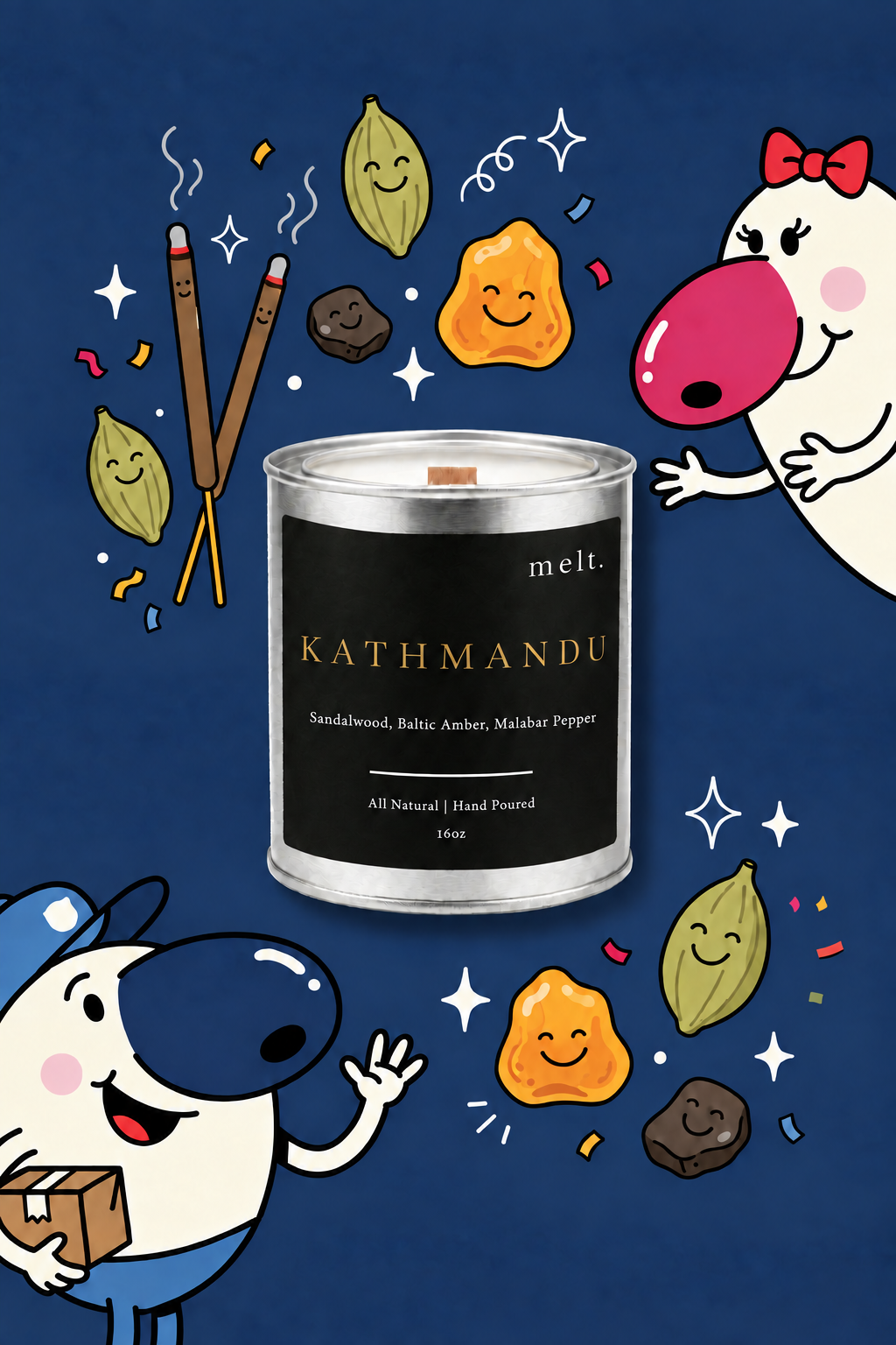 melt. kathmandu candle surrounded by cartoon melt. mascots and scent-note illustrations on a colorful background