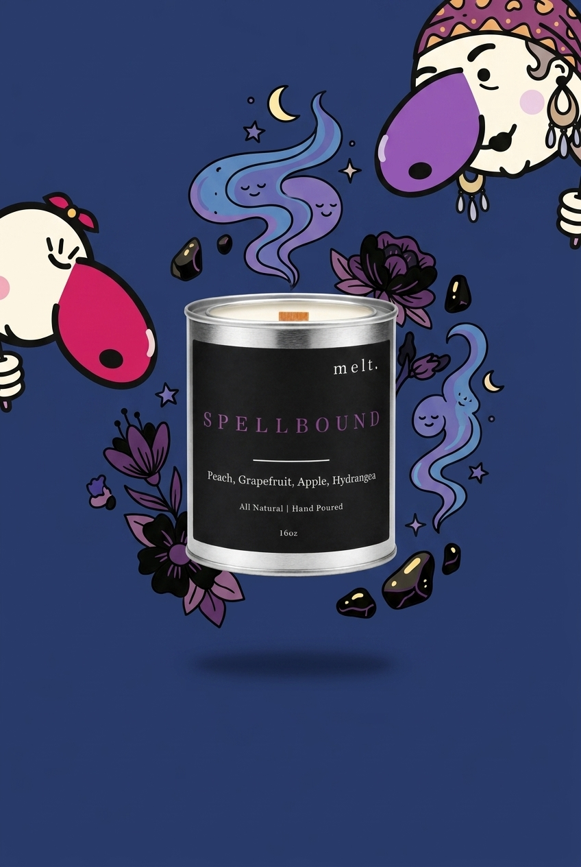 melt. spellbound candle surrounded by cartoon melt. mascots and scent-note illustrations on a colorful background