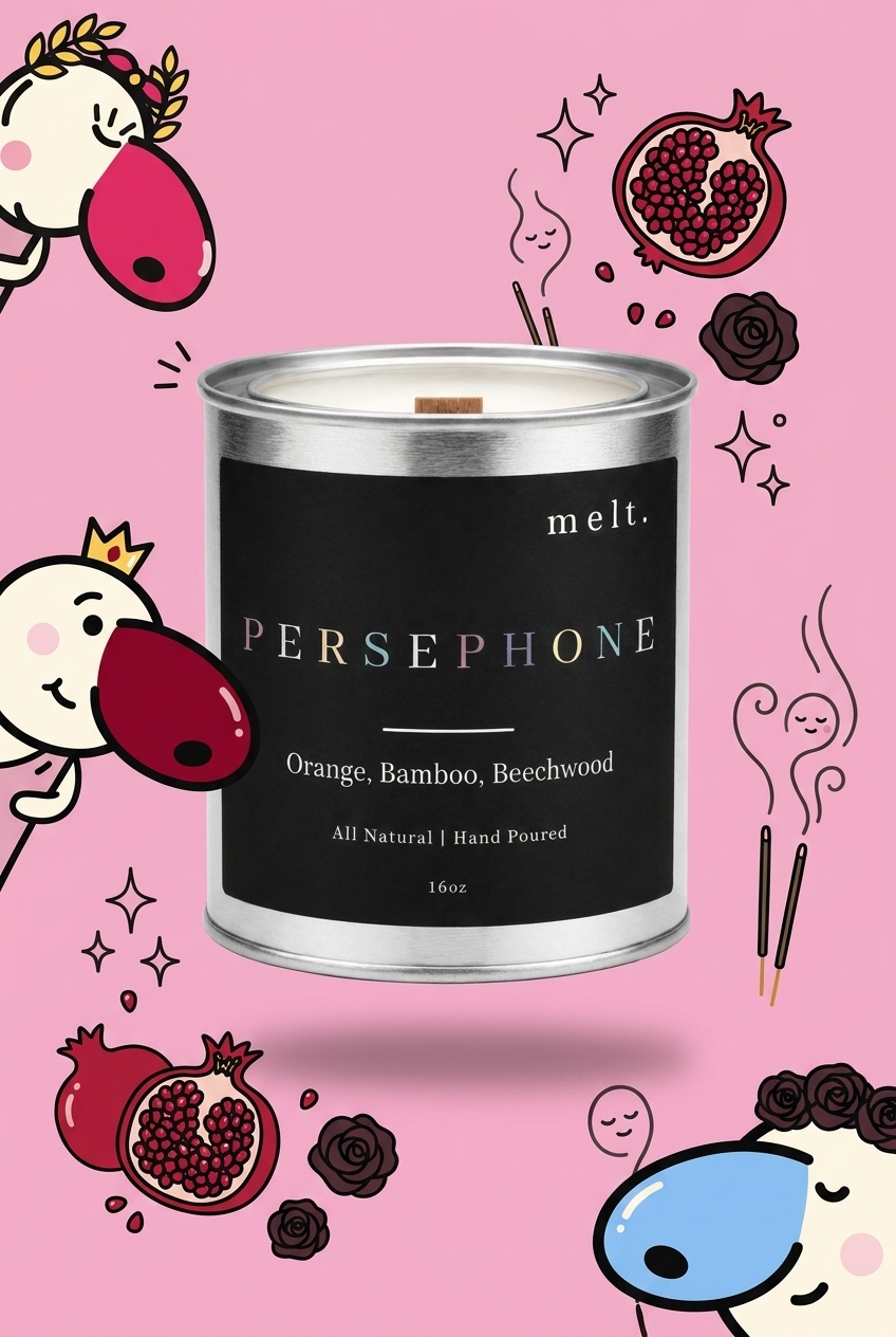melt. persephone candle surrounded by cartoon melt. mascots and scent-note illustrations on a colorful background