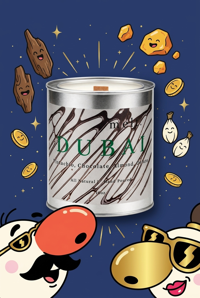 melt. dubai candle surrounded by cartoon melt. mascots and scent-note illustrations on a colorful background