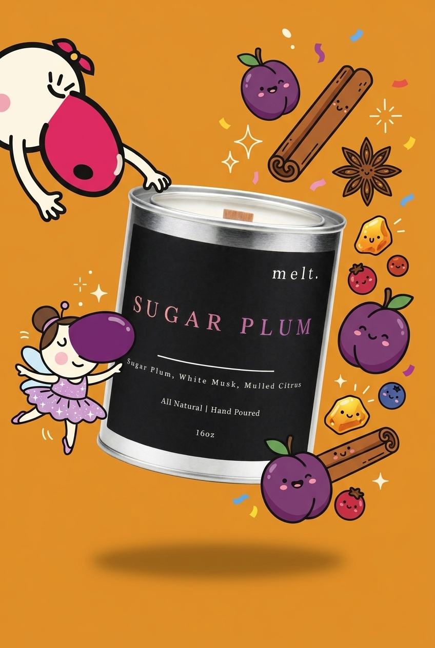 melt. sugar plum candle surrounded by cartoon melt. mascots and scent-note illustrations on a colorful background