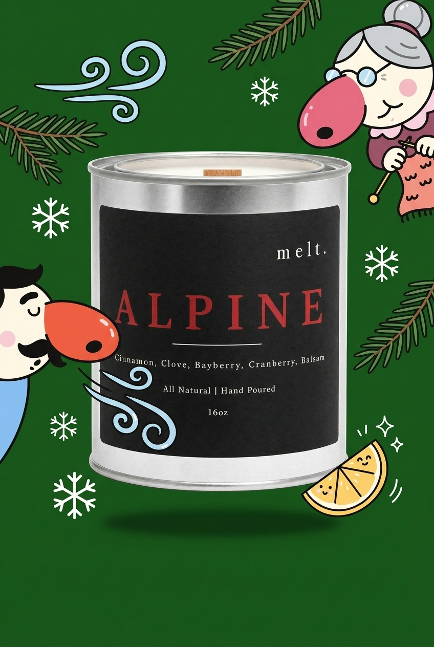melt. alpine candle surrounded by cartoon melt. mascots and scent-note illustrations on a colorful background