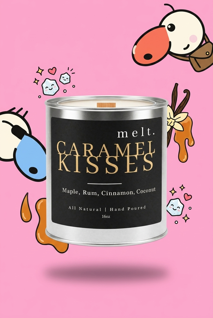 melt. caramel kisses candle surrounded by cartoon melt. mascots and scent-note illustrations on a colorful background