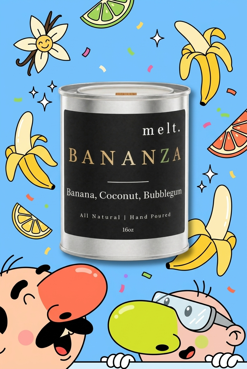 melt. bananza candle surrounded by cartoon melt. mascots and scent-note illustrations on a colorful background