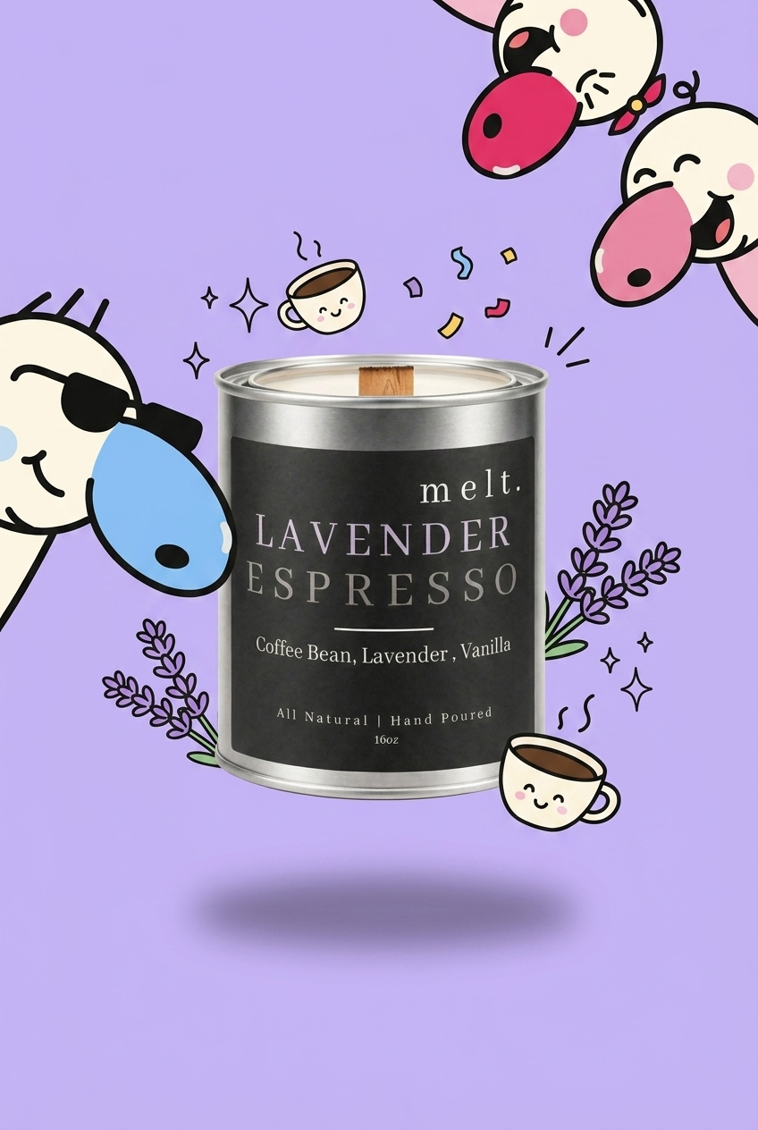 melt. lavender espresso candle surrounded by cartoon melt. mascots and scent-note illustrations on a colorful background