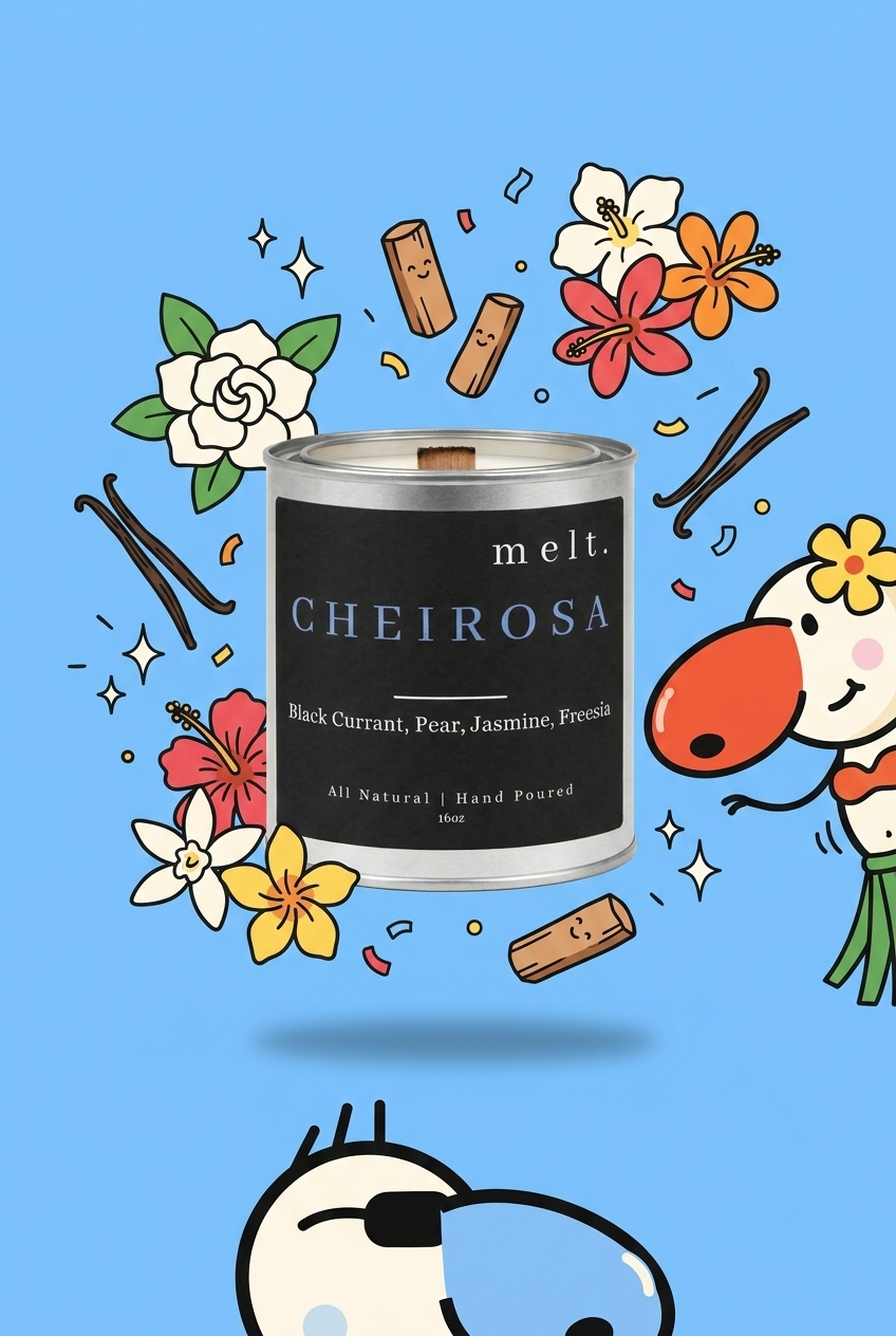 melt. cheirosa candle surrounded by cartoon melt. mascots and scent-note illustrations on a colorful background