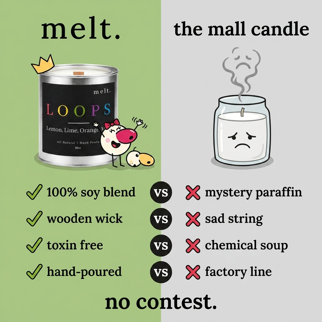 melt. vs mass-produced candles: soy blend vs paraffin, wooden wick, toxin free, hand-poured