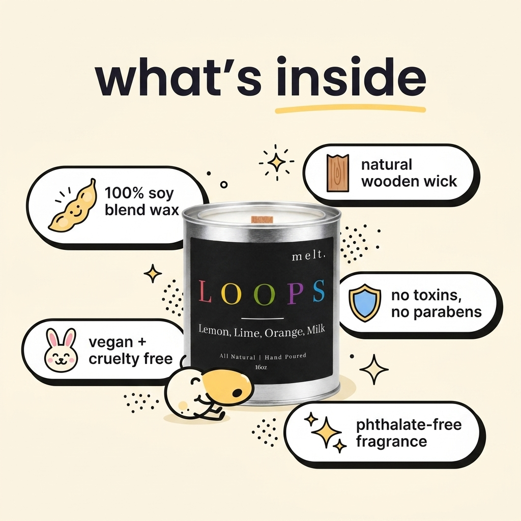 what's inside a melt. candle: 100% soy blend wax, wooden wick, no toxins or parabens, phthalate-free fragrance, vegan and cruelty free