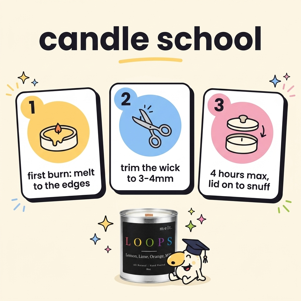 melt. candle care guide: first burn to the edges, trim the wooden wick to 3-4mm, burn 4 hours max and use the lid to snuff