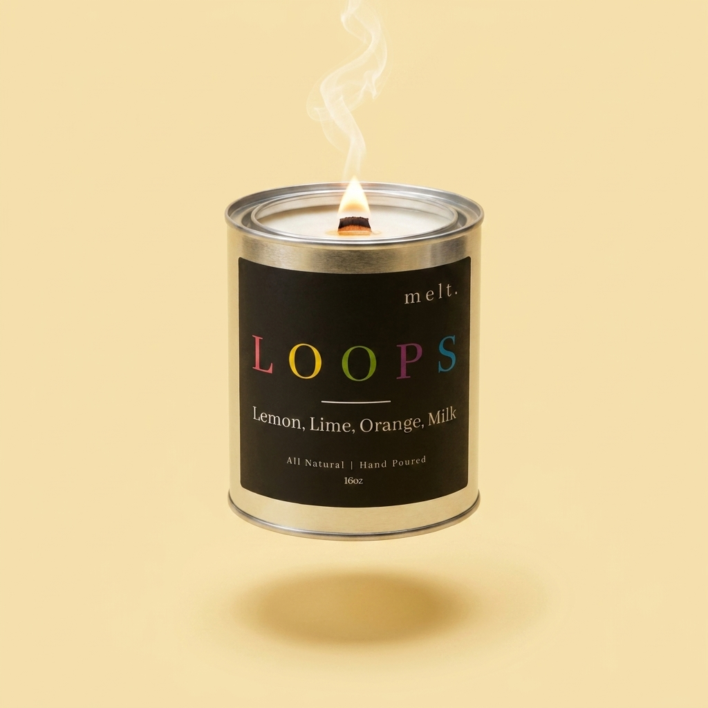 melt. loops candle floating with lit wooden wick and a wisp of smoke on a pale periwinkle blue-gray background